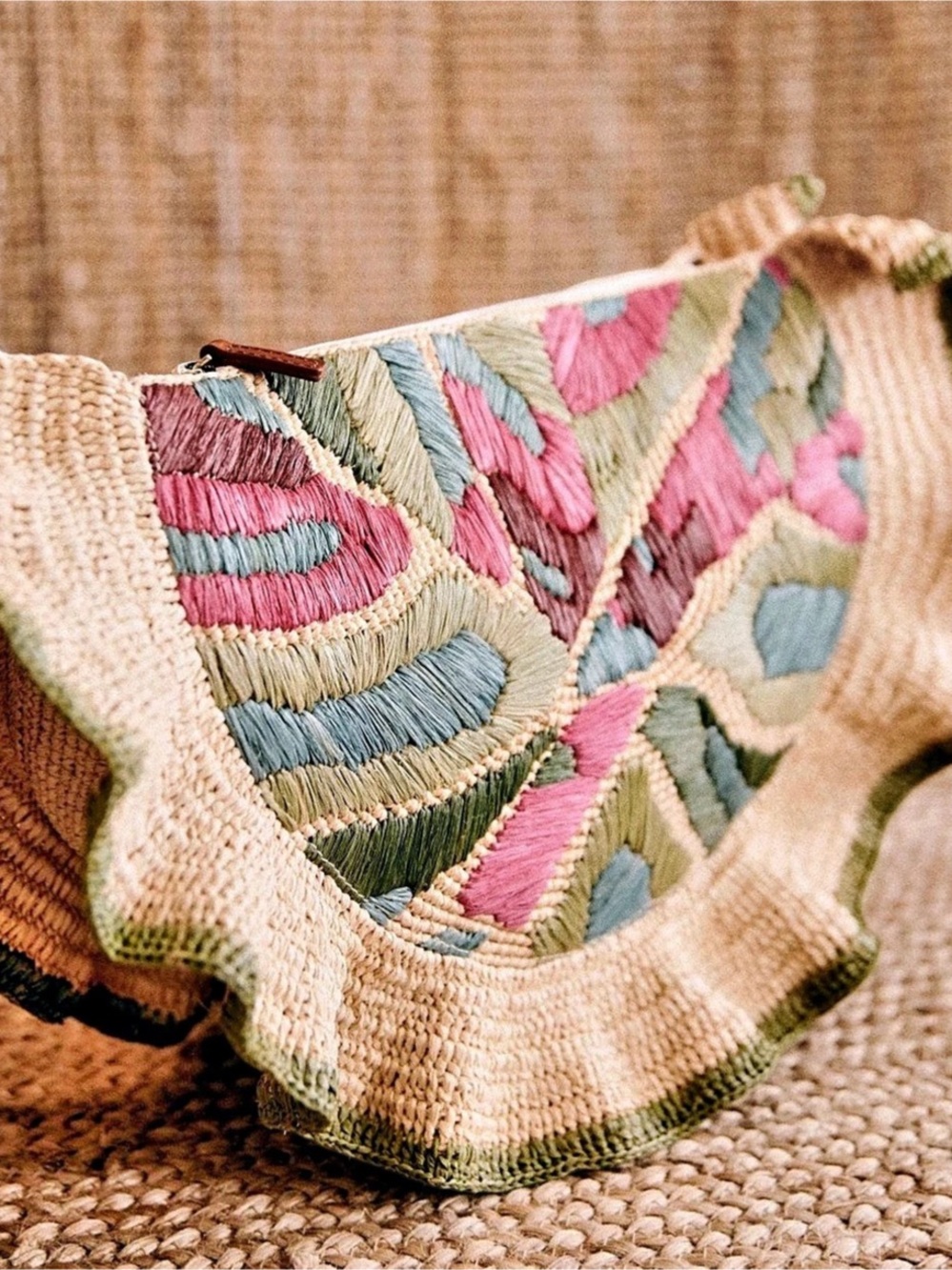 Sezane Embroidered Ruffle Clutch in Green & Pink Like New